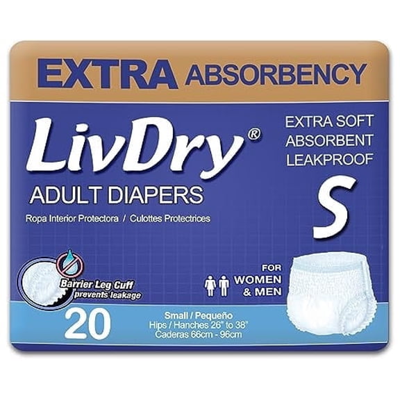 LivDry Adult Incontinence Underwear, Extra Absorbency Adult Diapers, Leak Protection, Small, 20-Pack