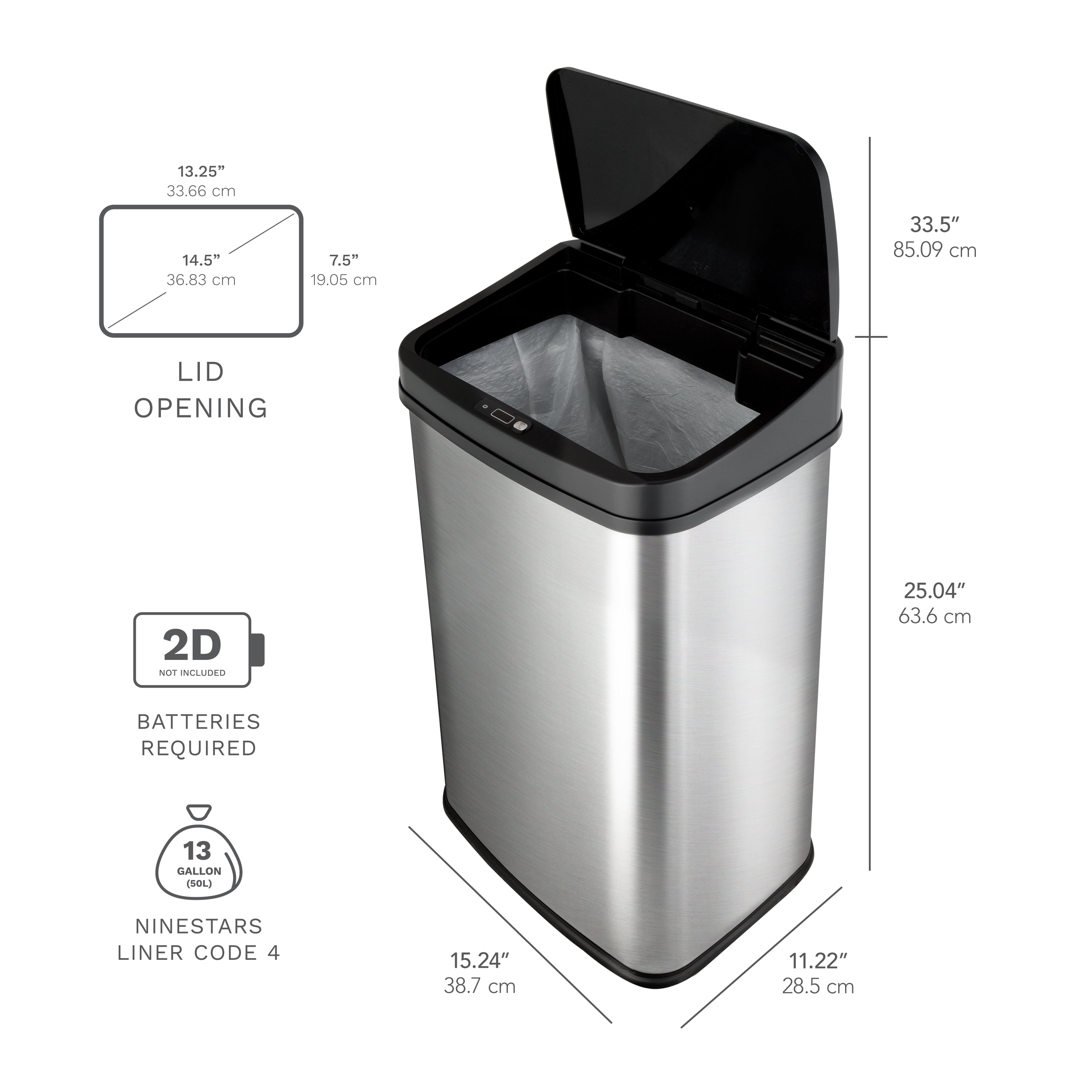 Rectangular 13 Gallon Touchless Motion Sensor Trash