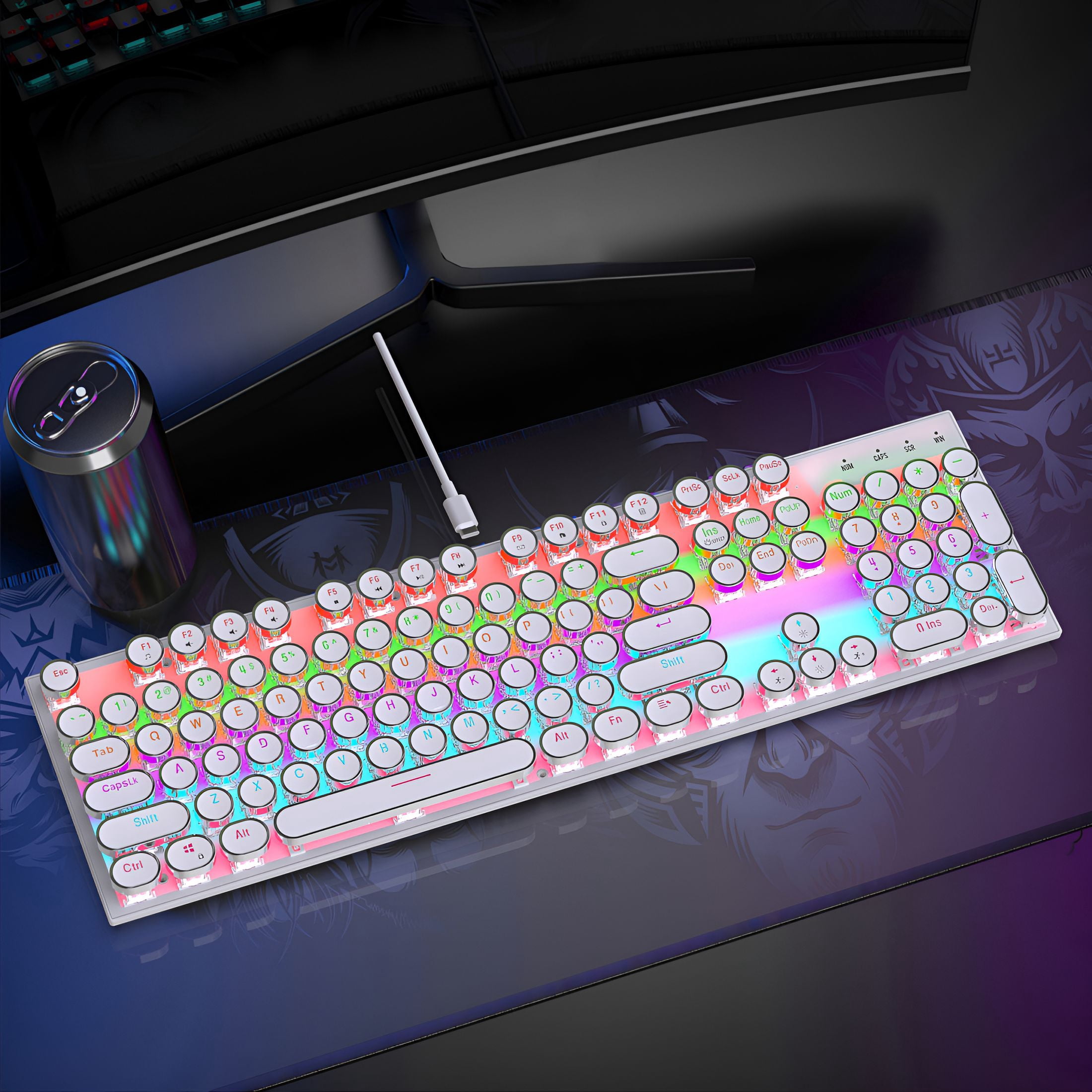 GJX Typewriter Style Mechanical Gaming Keyboard RGB Backlit Wired with Blue Switch Retro Round Keycap 104 Keys Keyboard