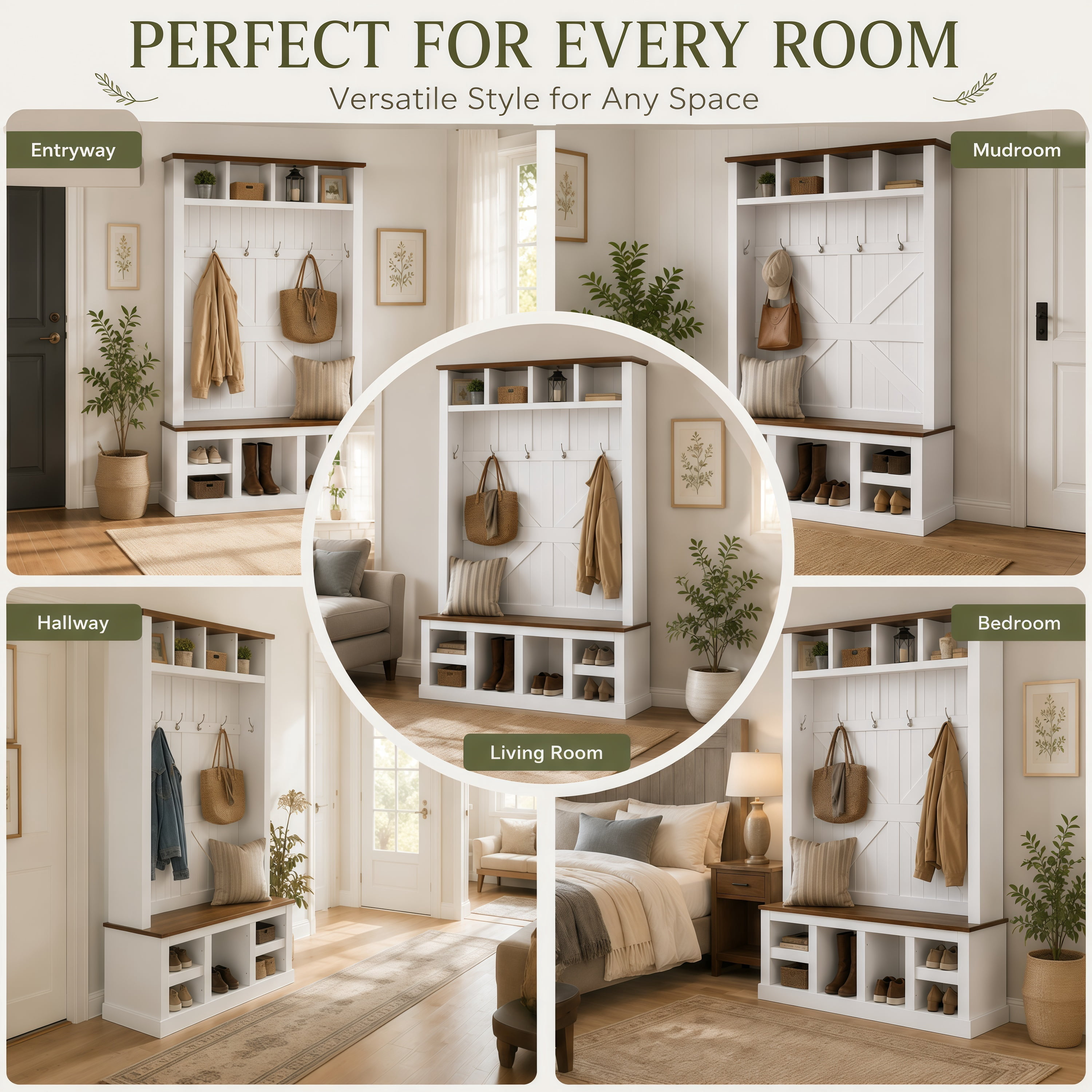 Aukfa 59" W Farmhouse Hall Tree, Large Entryway Storage Unit with Bench, 5 Hooks and Shoe Storage, White