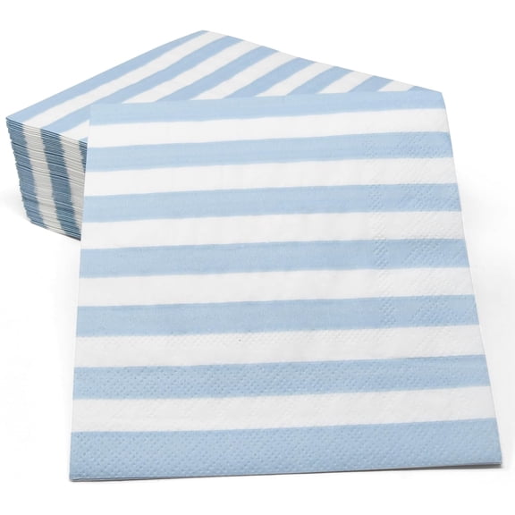 Gift Boutique Striped Cocktail Napkins, Light Blue & White, 100 Count, 2-Ply Disposable Beverage Napkins, 5x5 Folded, Party Supplies