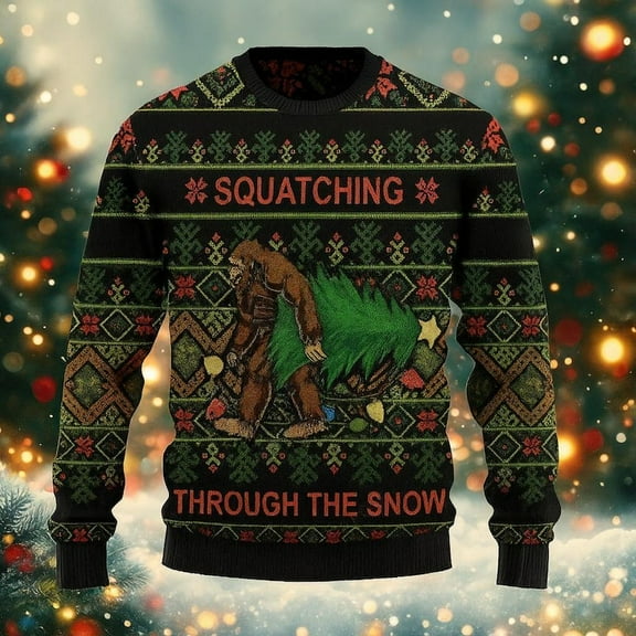Funny Bigfoot Christmas Sweater, Squatching Holiday Pullover, Unisex Ugly Xmas Knit, Sasquatch Winter Jumper, Festive Tree Outfit