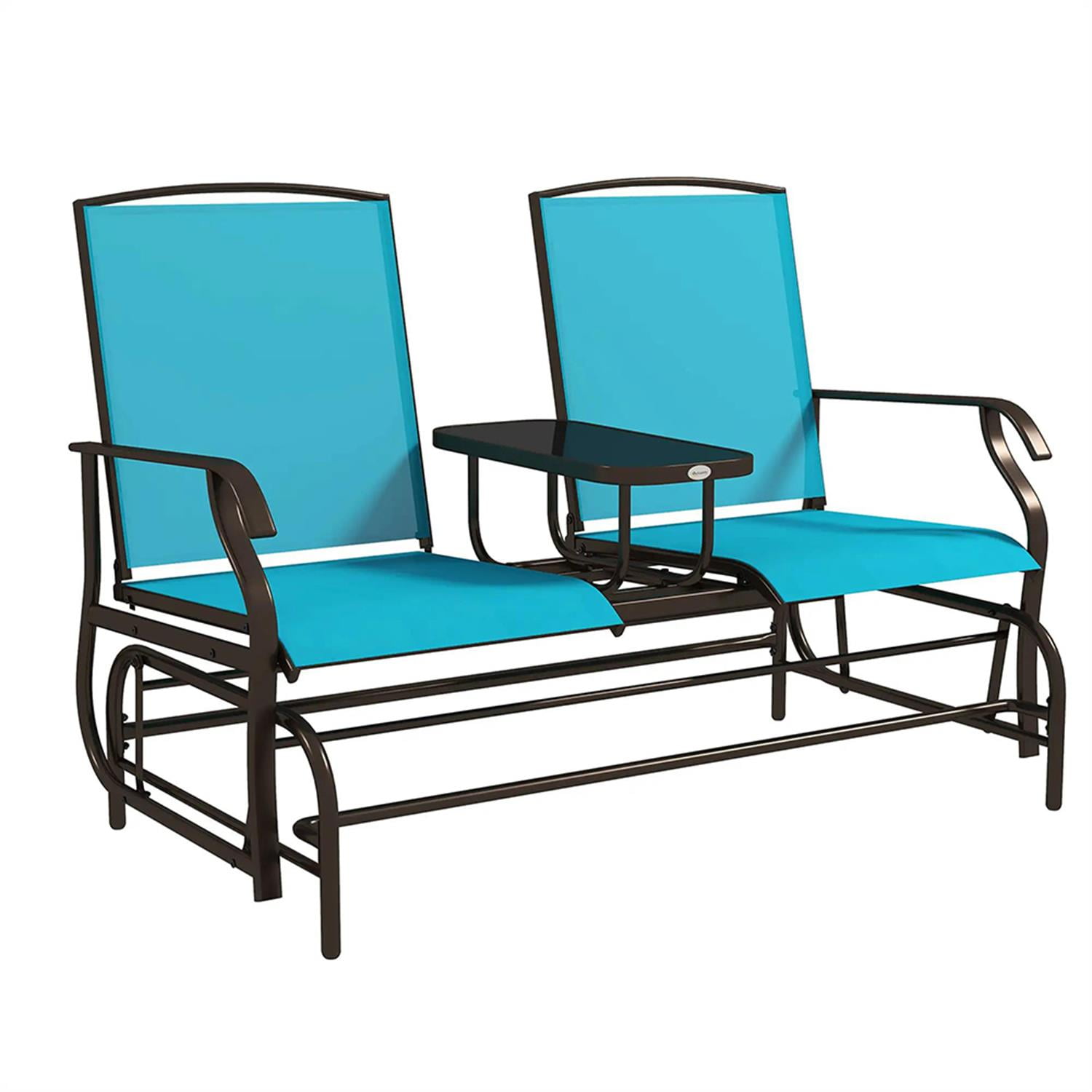 Demi Bonn Outdoor Glider Chairs with Center Table, Metal Frame Patio Loveseat Bench with Breathable Mesh Fabric and Armrests for Backyard Garden Porch, Blue
