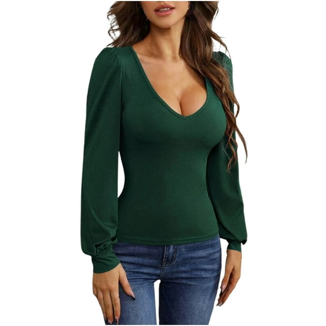 aidice T-Shirts pour Femmes Col Bas Manches Longues Bouffantes Ajustés Hauts Confortables Tendance Automne
