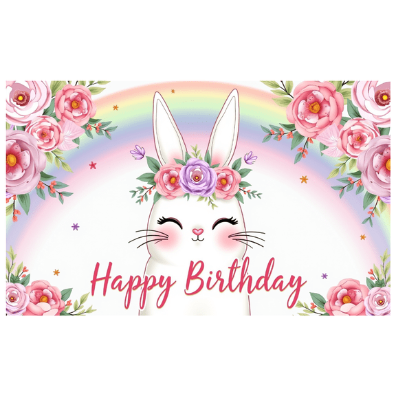 Adorable Bunny Themed Happy Birthday Banner with Floral Decorations and Rainbow Background for Birthday Parties Photography Props Party Supplies Decors