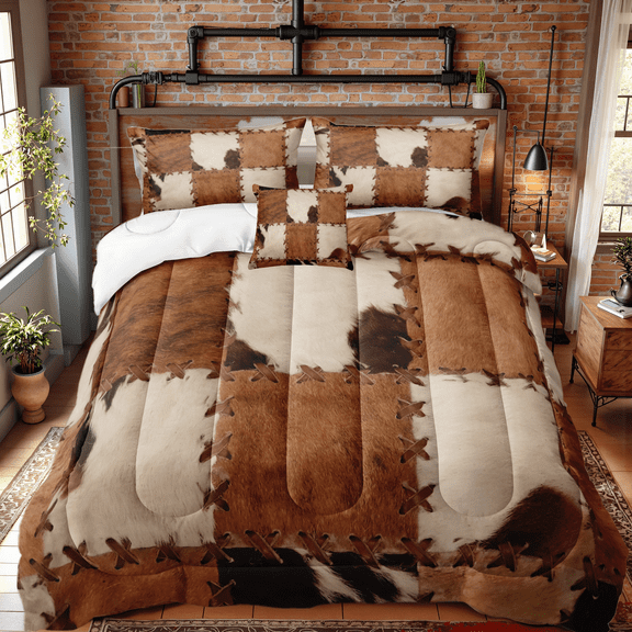 Brown Cowhide Comforter Set Western Style Patchwork Cow Printed Bedding Set 4 Pieces Soft Microfiber Western Ranch Style Cowboy Chic Comforter Sets for Bedroom Decor