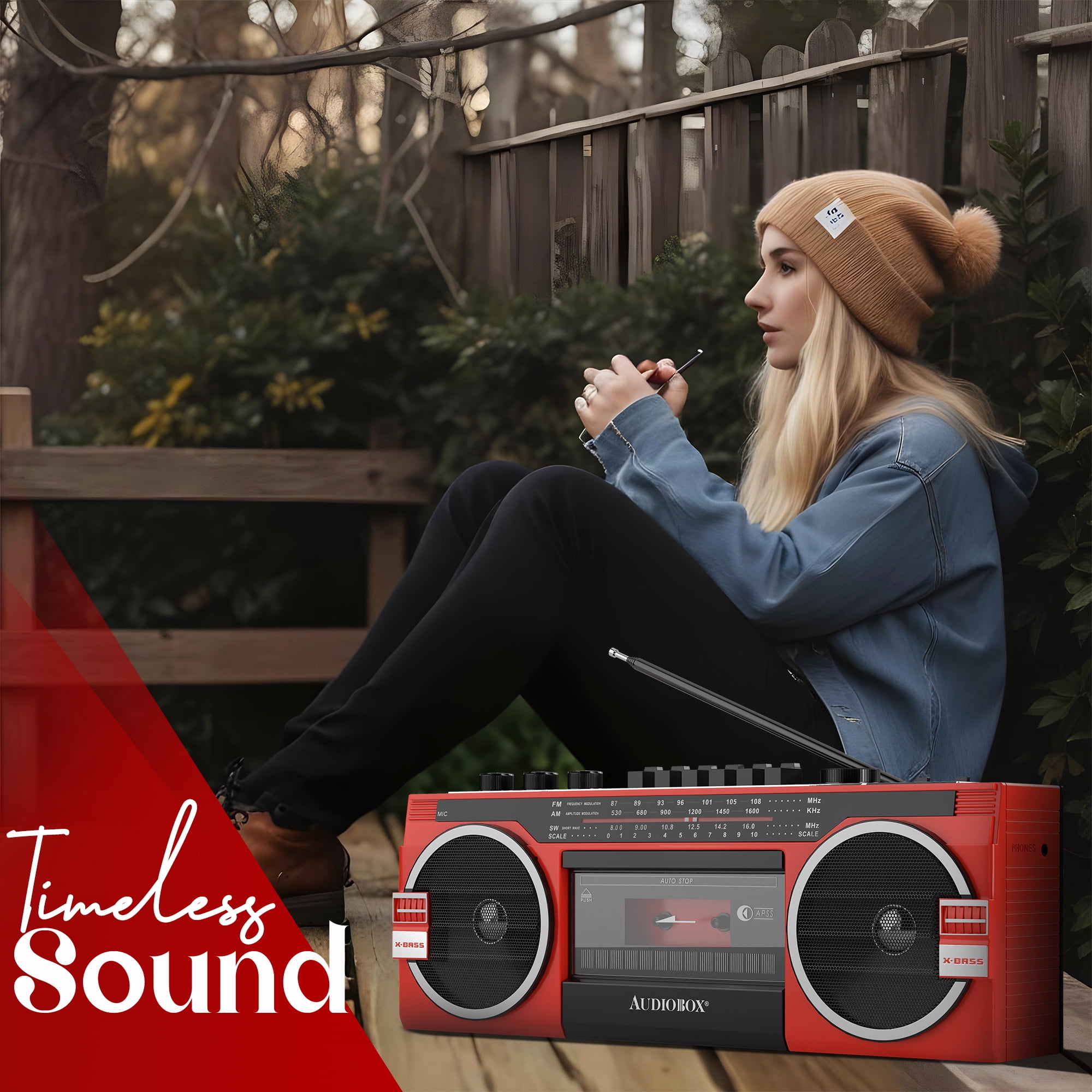 AudioBox RXC-25BT Bluetooth Boombox Speaker - 2 Way Boombox System with AM/FM/SW Radio, MP3 Playback, USB & SD Card Connection, Cassette Player, Built-in Speaker, 3.5mm Jack, Stereo Sound (Red)