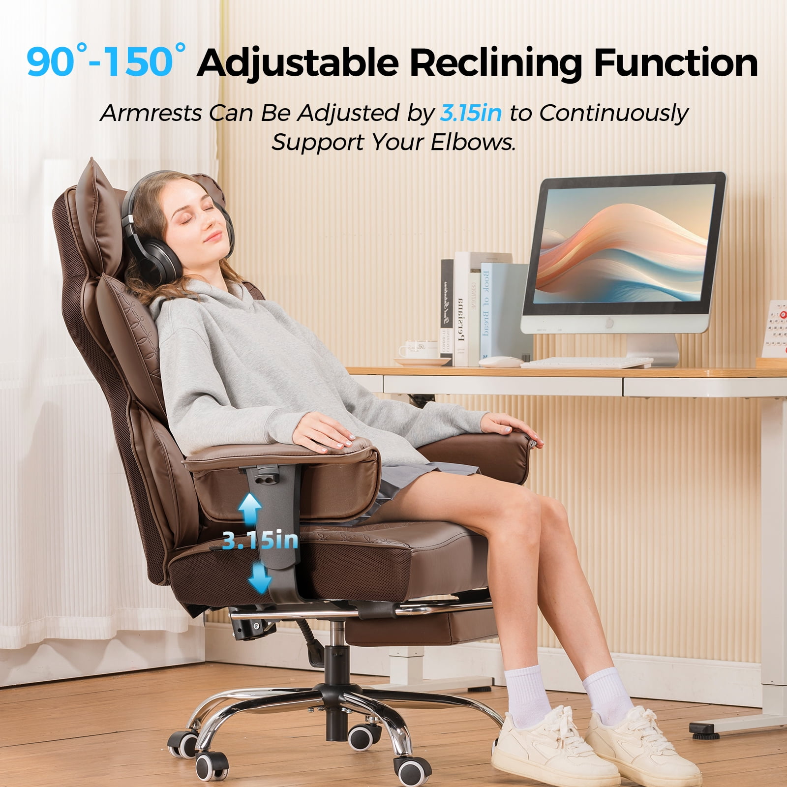 COMHOMA Big and Tall Office Chair 400LBS Wide Ergonomic Gaming Chair with Deluxe Embossing Leather with Foot Rest 150°Reclining Adjustable Armrests Pocket Spring Back Support and Without Pillow