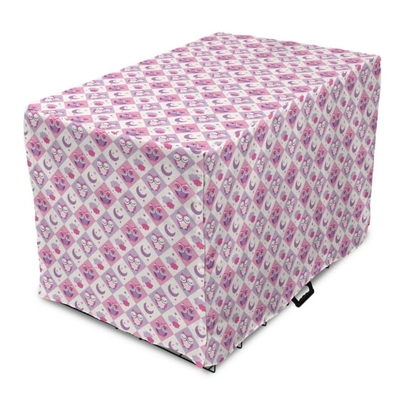 Owls Dog Crate Cover, Sleeping Owls in Diamond Pattern Half-Moon Stars Clouds Night Time Goodnight Art, Easy to Use Pet Kennel Cover Small Dogs Puppies Kittens, 7 Sizes, Pink Lavender, by Ambesonne