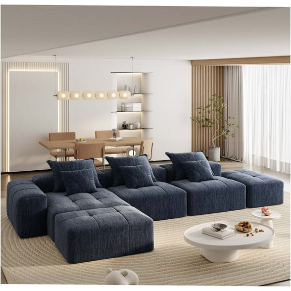 JERFIT Modular Sectional Sofa 5-Piece with Pillows, No Assembly Chenille Fabric Couch, Oversized Tufted Seat, Blue Living Room Furniture