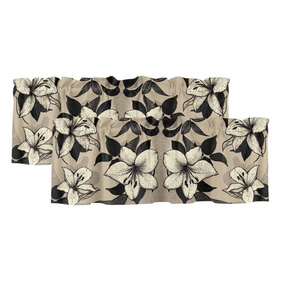 2 Pack Valances for Windows, Black Floral Window Valances for Living Room/Bedroom/Bathroom, Vintage Khaki Floral Retrp Plant Leaf Light Filtering Kitchen Curtain Valance Window Treatment 54"W x18" L