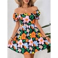 thumbnail image 5 of Women'S Floral Puff Sleeve Ruched Frill Trim Shirred A Line Boho Flared Dress Black L, 5 of 9