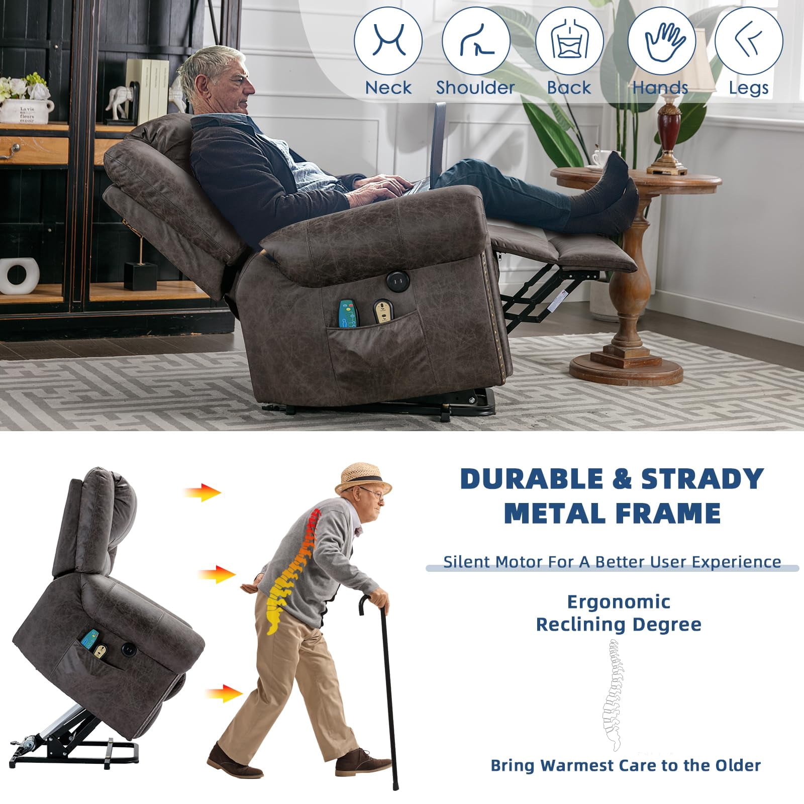 SOCIALCOMFY Power Lift Recliner Chair for Elderly with Massage and Heat, Electric Recliner Chair with Rivet Decoration, 2 Remote Controls, Side Pockets & USB Ports for Home, Office (Smoky Gray)