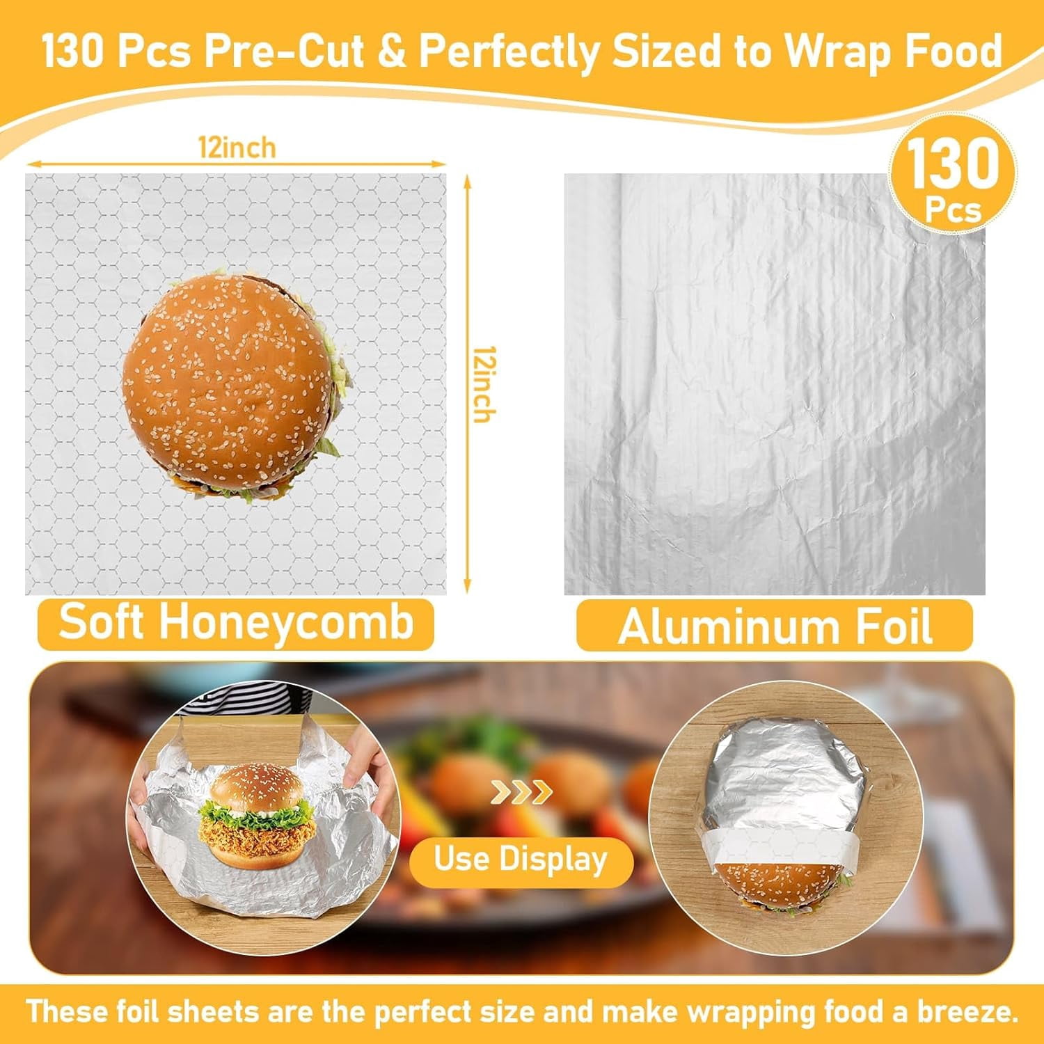 130 Pack Insulation Sandwich Wrapping Paper Aluminum Foil Sheets -12" x 12" Pre-Cut Foil Paper- Aluminum Foil Sandwich Wrap Sheets for Sandwich Wraps, Burritos and BBQ