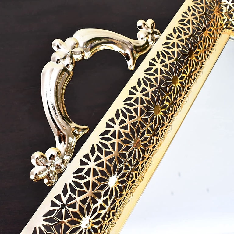 Vintage Gold Decorative Mirrored Tray with Metal Handles, Vanity