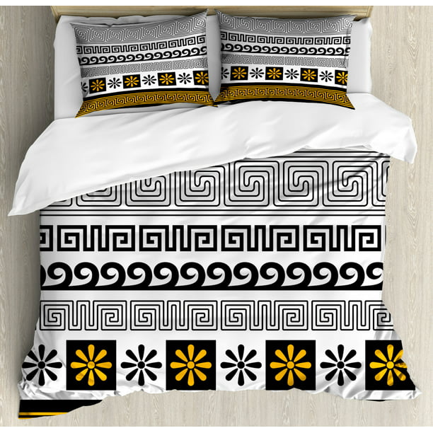 Greek Key King Size Duvet Cover Set Set Of Traditional Ornaments From Greece Historical And Cultural Theme Decorative 3 Piece Bedding Set With 2 Pillow Shams Marigold Black White By Ambesonne