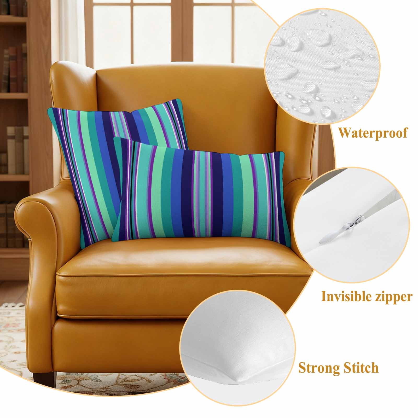 Mexican Style Outdoor Waterproof Throw Pillow Covers 24x24 Set of 2, Colorful Mexico Stripes Teal Blue Decorative Pillowcases Cushion Pillowcase for Couch Sofa Patio Outside Pillow Protector