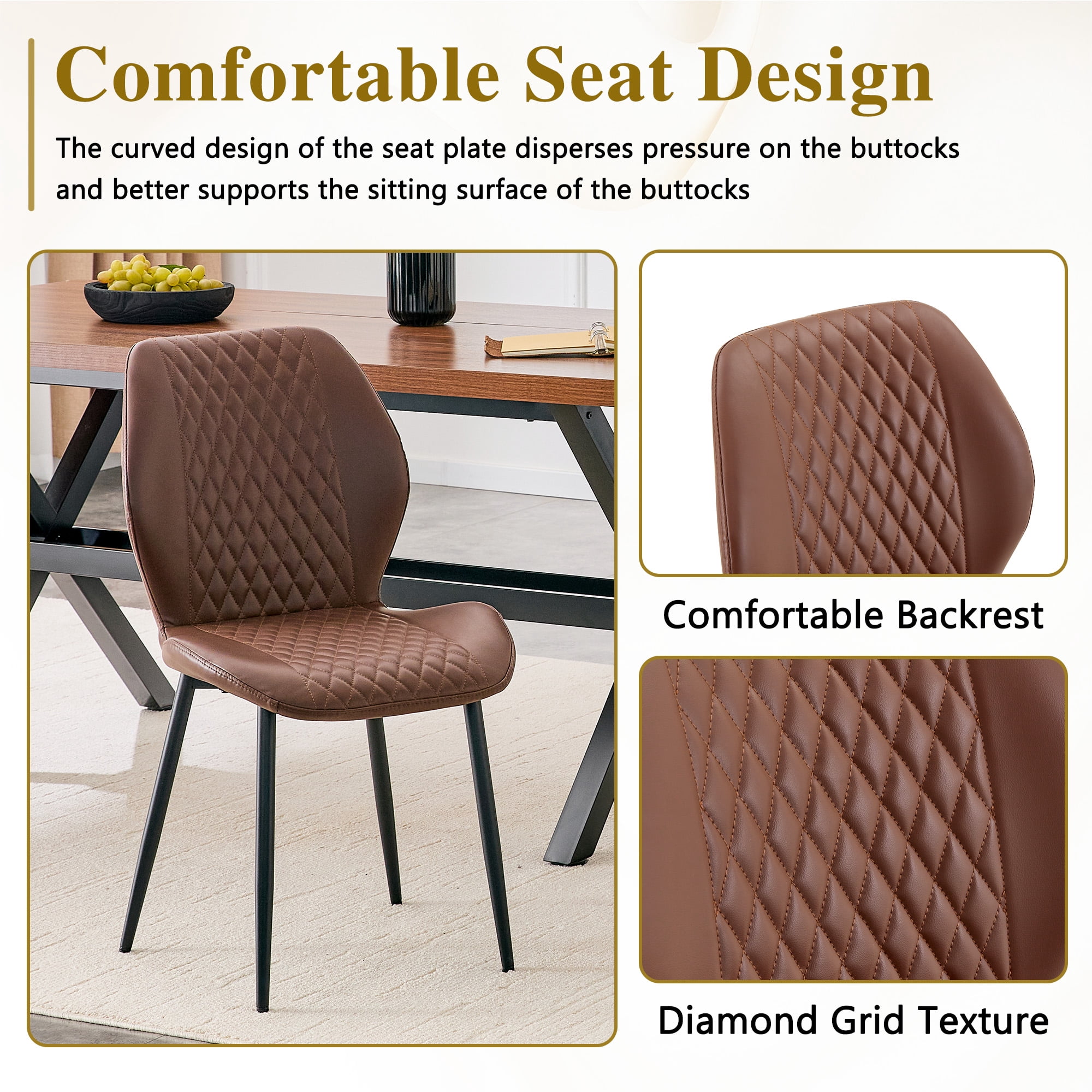 MOONMISS Dining Chairs Set of 4,Modern luxury Diamond-Quilted PU chairs with black metal legs for Dining Room Living Room,Brown