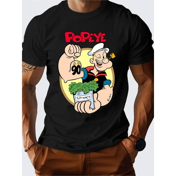 Men'S Popeye Graphic Cotton T-Shirt - Soft 180gsm, Round Neck, Short Sleeve, Machine Washable, Durable Summer Casual Top with Cartoon Print, Ideal Gift for Boyfriend or