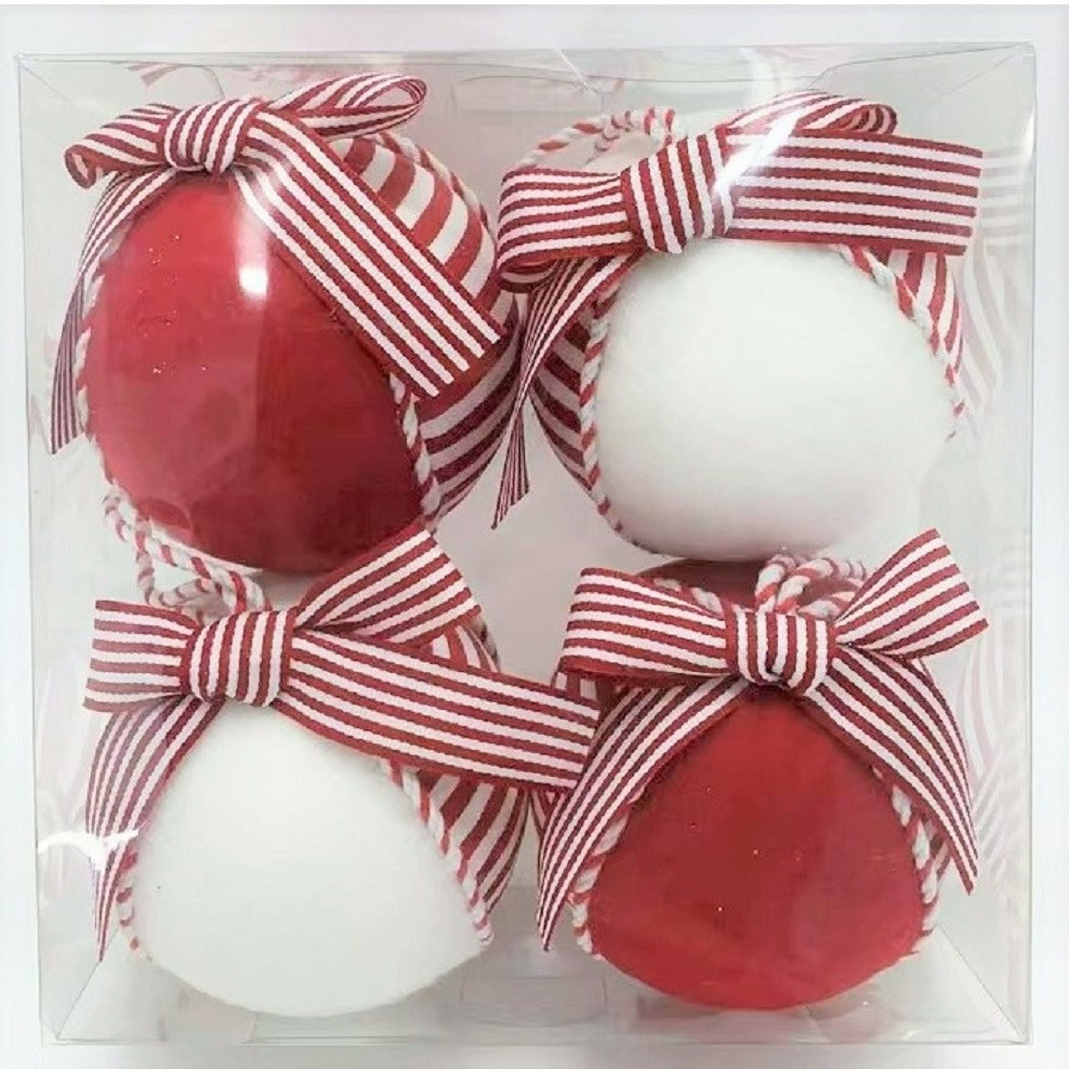 Holiday Time 4pk Red/White Ball Ornament. Cottage Christmas Theme. Red & White Color.