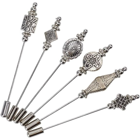 6 Pcs 6 Styles Tibetan Silver Hat Pins Vintage Safety Pins Western Cowboy Hats Pins Brooches Pin Stick for Tie Scarf 2.95 Inches Long Silver