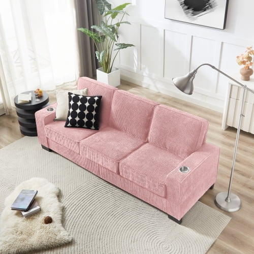 Corduroy Sofa, 84 Inch 3-Seater Couch with Built-in Cup Holders, Modern Compressed Sofa with Removable Cushions for Bedroom & Office, Pink