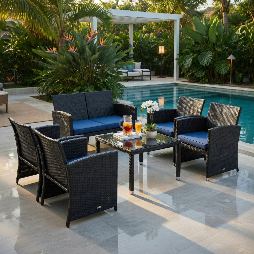 Hommoo 4-Piece Outdoor Rattan Patio Furniture Set with Cushions, Tempered Glass Coffee Table, Loveseat & 2 Chairs, Weather-Resistant Wicker Seating for Patio, Poolside & Deck, Navy