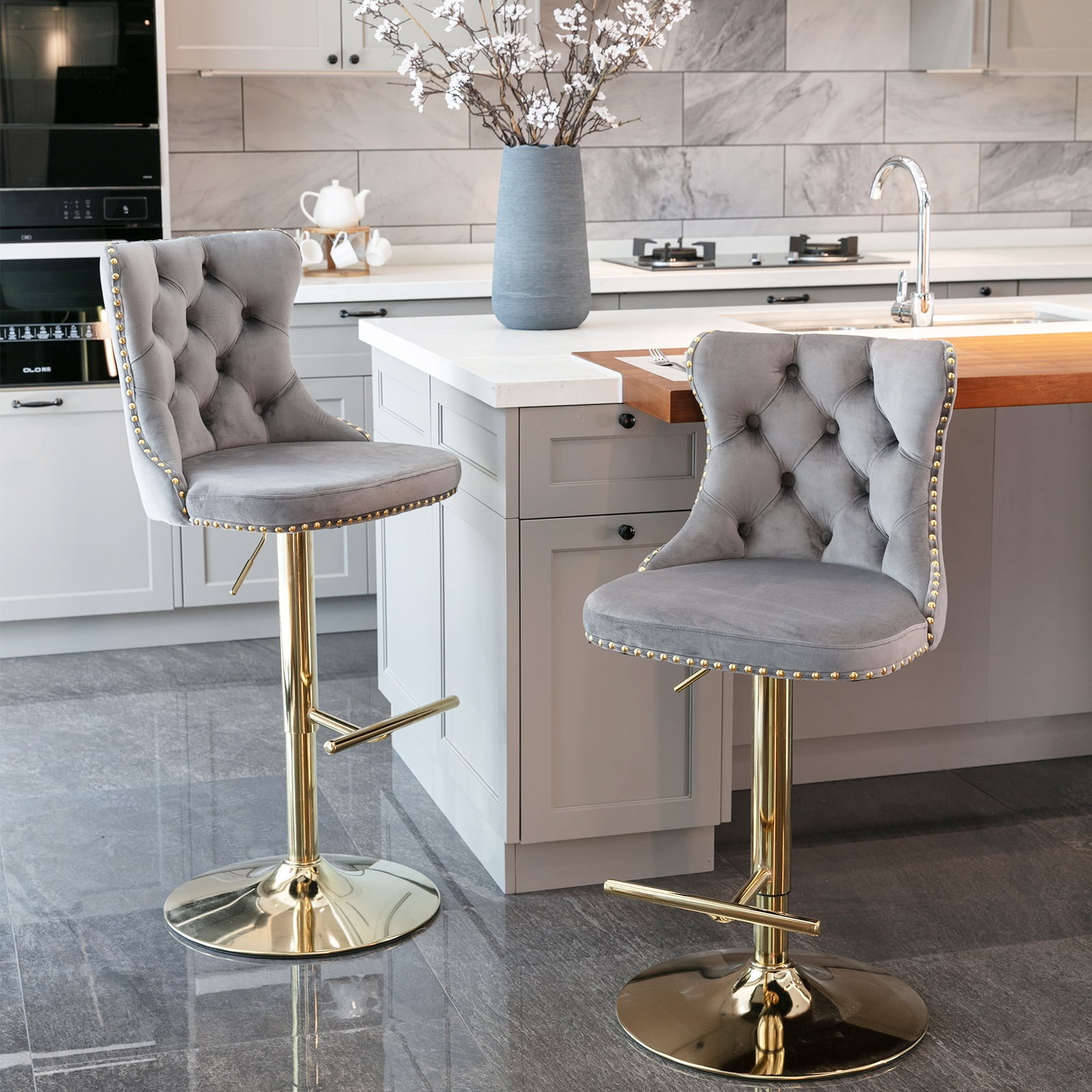 ODUSE-DAILY Gray Velvet Bar Stools Set of 2 - Adjustable Swivel Counter Height Chairs with Tufted Back and Nailhead Trim for Kitchen Island Pub Restaurant (2Pcs, Gold Metal, Grey)