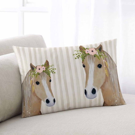 Farmhouse Striped Throw Pillow Covers, Watercolor Horse Flower Leaf Beige Soft Breathable Pillow Cases with Invisible Zipper for Sleeping, King Size Pillowcases for Couch Bed Sofa Chair 20x36 Inches