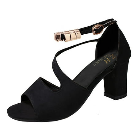

Gzea Womens Sandals Comfortable Womens Buckle Strap Heel Sandals Beaded Fish Mouth High Heels Summer Casual Ankle Strap Sandals Pumps Boho Shoes Summer Sandals Black 38