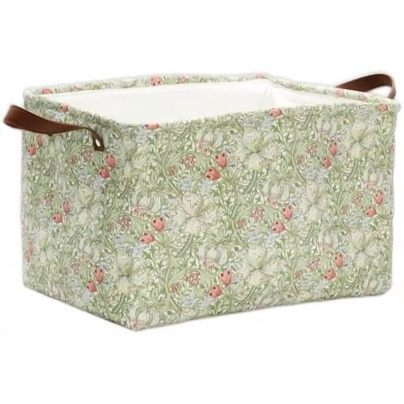 Vintage Floral Storage Basket Spring Flower Greenery Collapsible Canvas Organizer Green Botanical Fabric Storage Bin with Handle for Shelf Closet Home Office Supplies
