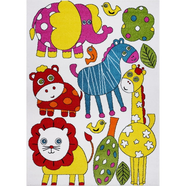 Ladole Rugs Cartoonish Style Animals Theme Made in Europe Indoor Kids Area Rug Carpet in Cream-Multi, 6x9 (6'2" x 9'2", 190cm x 280cm)