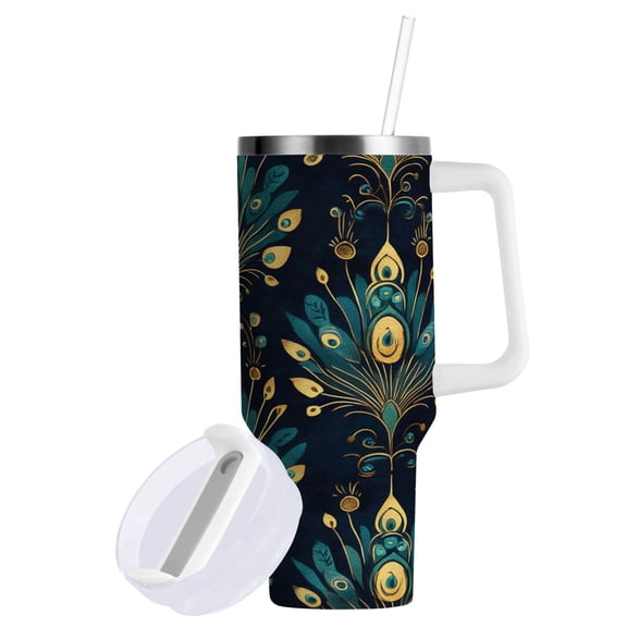Yayeee 40oz Stainless Steel Tumbler with Straw and Handle Double-Wall Insulated Travel Water Bottle, Gold Peacock Pattern