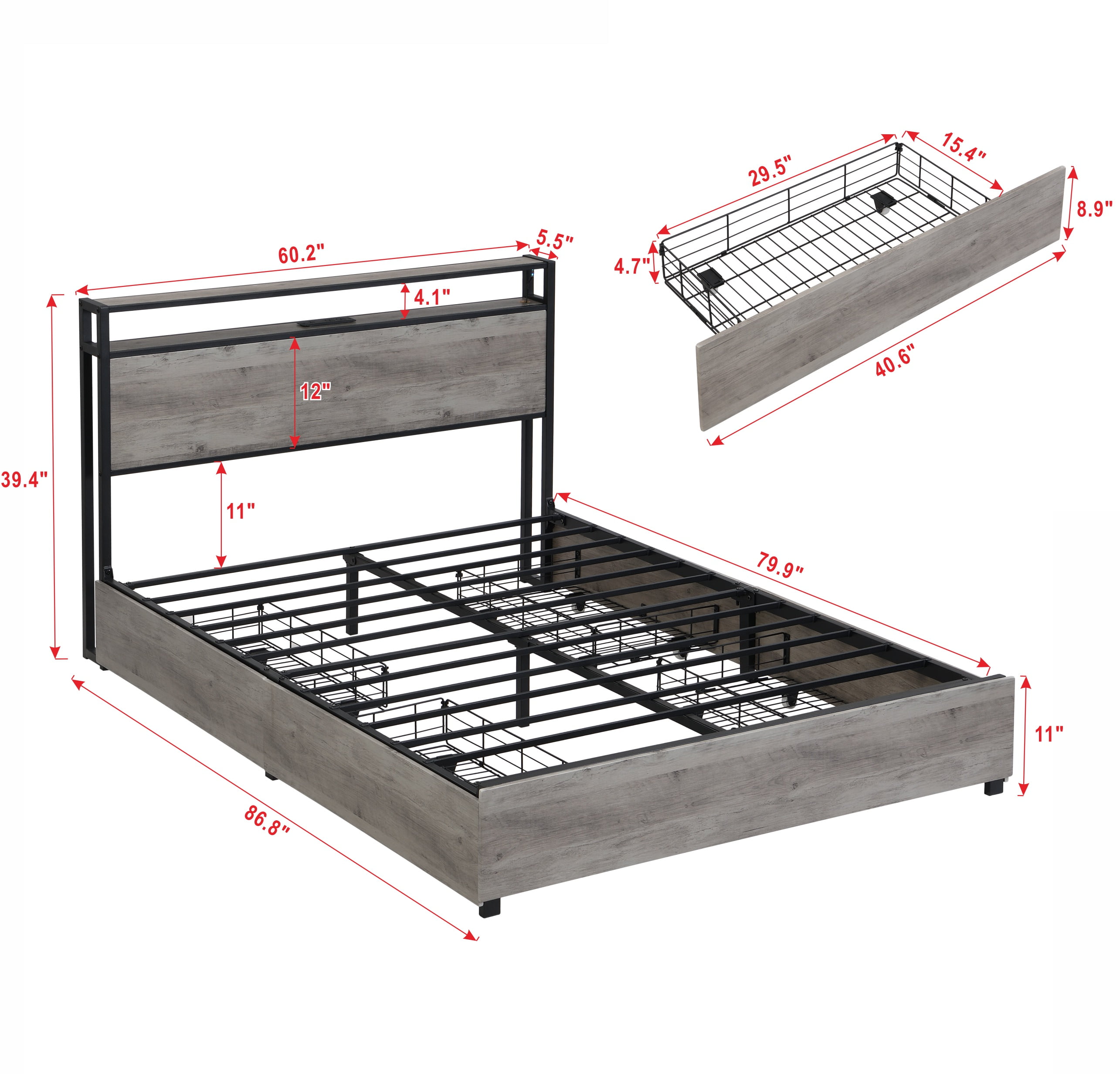 Queen Bed Frame with Headboard,4 Storage Drawers,Led Lights,Charging Station,Platform Bed,Solid and Stable, Noise Free, No Box Spring Needed, Easy Assembly