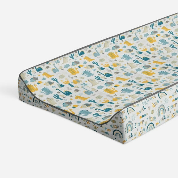 Bacati - Muslin Quilted Changing Pad Cover, Little Dino Boys Aqua/Teal/Yellow/Gray