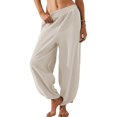 thumbnail image 3 of WTXUE Linen Pants Women Summer, Pantalones De Mujer Women Solid Color Cotton Flax Elastic Long Pants Beach Leisure Trousers Loose, Full-Length, White, 3 of 6