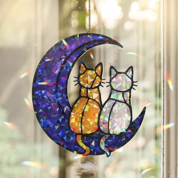 Lotusprinthandmade Cat On Moon Custom Shape Broken Glass Hologram Ornament 3.5in, Cat Lover Celestial Decor
