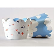 Airplane Cupcake Wrappers PriNst for Travel Adventure themed Kids supplies, pilot up up and away parties, cloud themes. Set of 24 Reversible airplane to cloud pattern scalloped cup cake holder