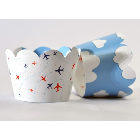 Airplane Cupcake Wrappers PriNst for Travel Adventure themed Kids supplies, pilot up up and away parties, cloud themes. Set of 24 Reversible airplane to cloud pattern scalloped cup cake holder