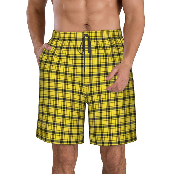 Fotbe Yellow Checkered Plaid Trajes de Baño Estampados para Hombre, Shorts de Verano de Secado Rápido, Ropa de Playa, Bañadores-Large