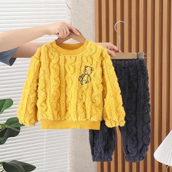 Boys Girls Soft Flannel Pajamas Sets Winter Tracksuit 2 Piece Outfits Plush Warm Long Sleeve O Neck Top and Pant (2-3 Years, Yellow)
