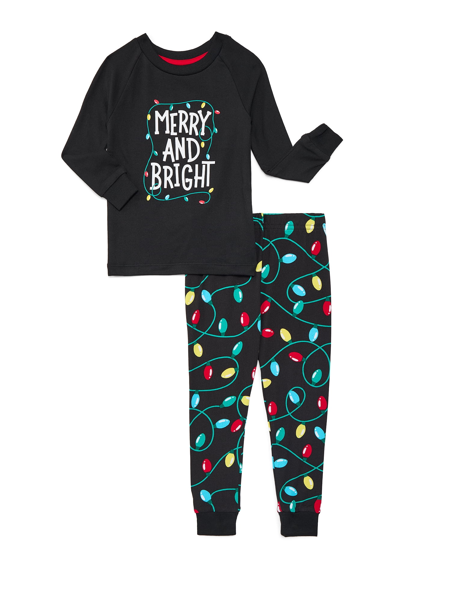 Holiday Time Unisex Toddlers Matching Family Pajamas Merry and Bright Top and Pants Set, 2-Piece, Sizes 2T-5T