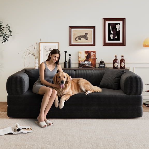 avobird 78" Convertible Sofa Bed, 5-in-1 Corduroy Futon Pull Out Couch, No Assembly Boneless Sleeper Sofa for Living Room & Bedroom, Black