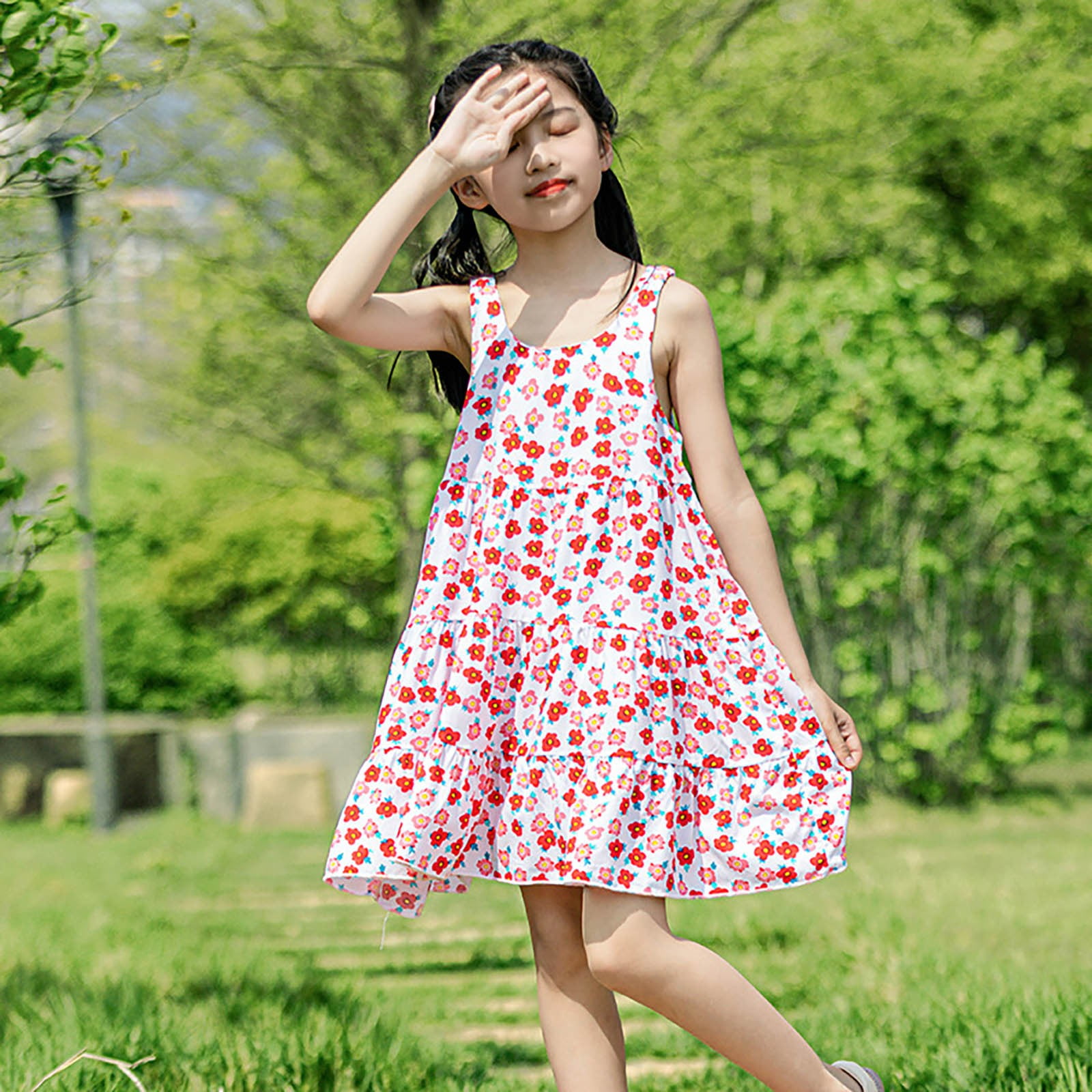 Eashery Girls Party Dress Girls Ruffle Sleeve A-Line Swing Flared Floral  Hem Boat Neck Loose Fit Summer Party Dress for 5-12 Years Kids Green 13-14  Years - Walmart.com