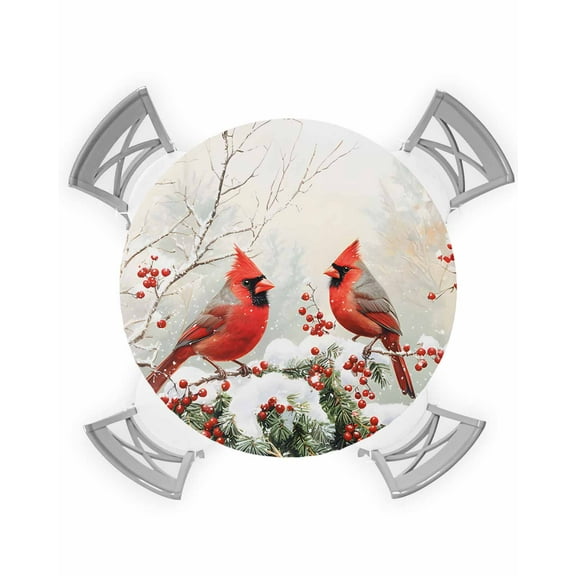 nqOlkjepod Christmas Round Tablecloth, Fitted Table Cover with Elastic for 55"-60" Round Tables, Red Birds Snowflake Berry Botanical Table Cloth Outdoor Indoor Dinning Party Waterproof Tablecloths