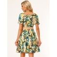 thumbnail image 3 of Vestido tropical hawaiano para mujer, cuello cuadrado, manga farol, floral, vestido acampanado Amarillo L, 3 of 6