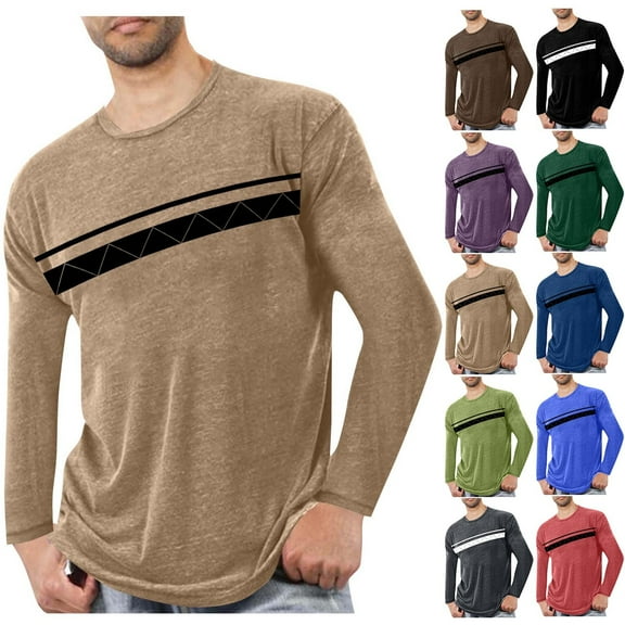 qolati Mens Long Sleeve T-Shirts Spring Fall Casual T Shirts for Man Color Block Lightweight Soft Breathable Basic Tee Shirts Khaki XXXL