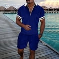thumbnail image 2 of YDLCAFD Male Casual Striped Print Two Piece Suit Zipper Short Sleeve Top Blouse Suit Drawstring Pocket Short Set, 2 of 5