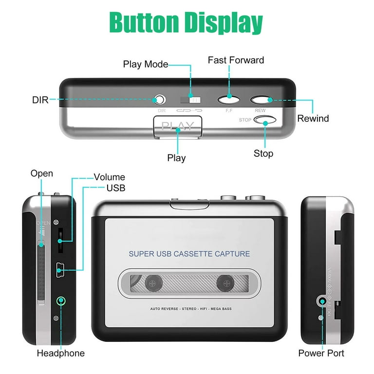 Cassette to MP3 Converter, Portable Cassette Player Recorder with 3.5mm  Earphones, Walkman Cassette Audio Music Player Tape to MP3 Converter  Powered