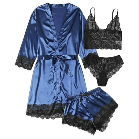 

Ruidigrace Women Sleepwear 4-Piece Sexy Garter Lingerie Set Robes Lace Bodysuit Deep-V Neck Underwear